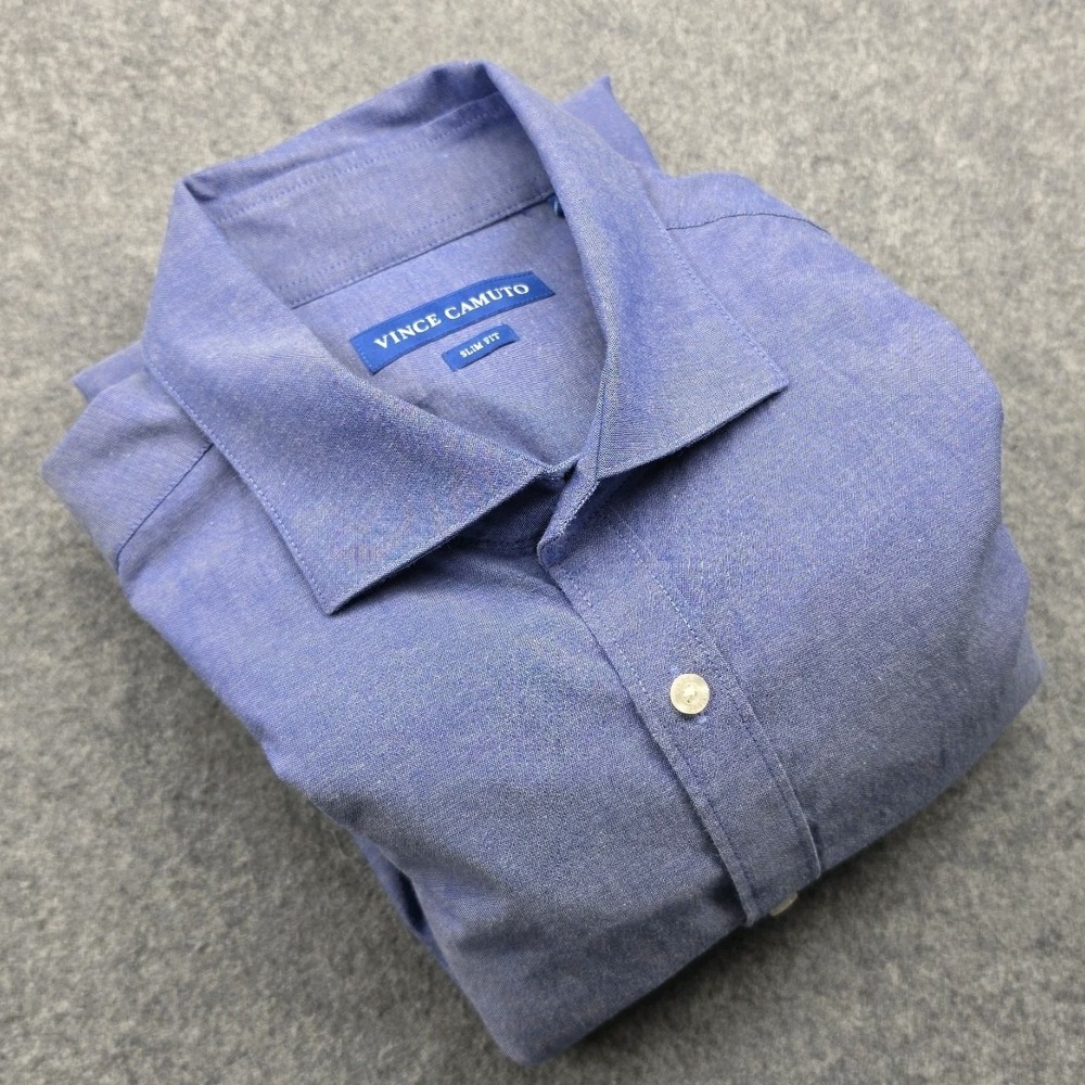 Vince Camuto Mens Size 17 Blue Long Sleeve Slim Fit Button Up Dress Shirt